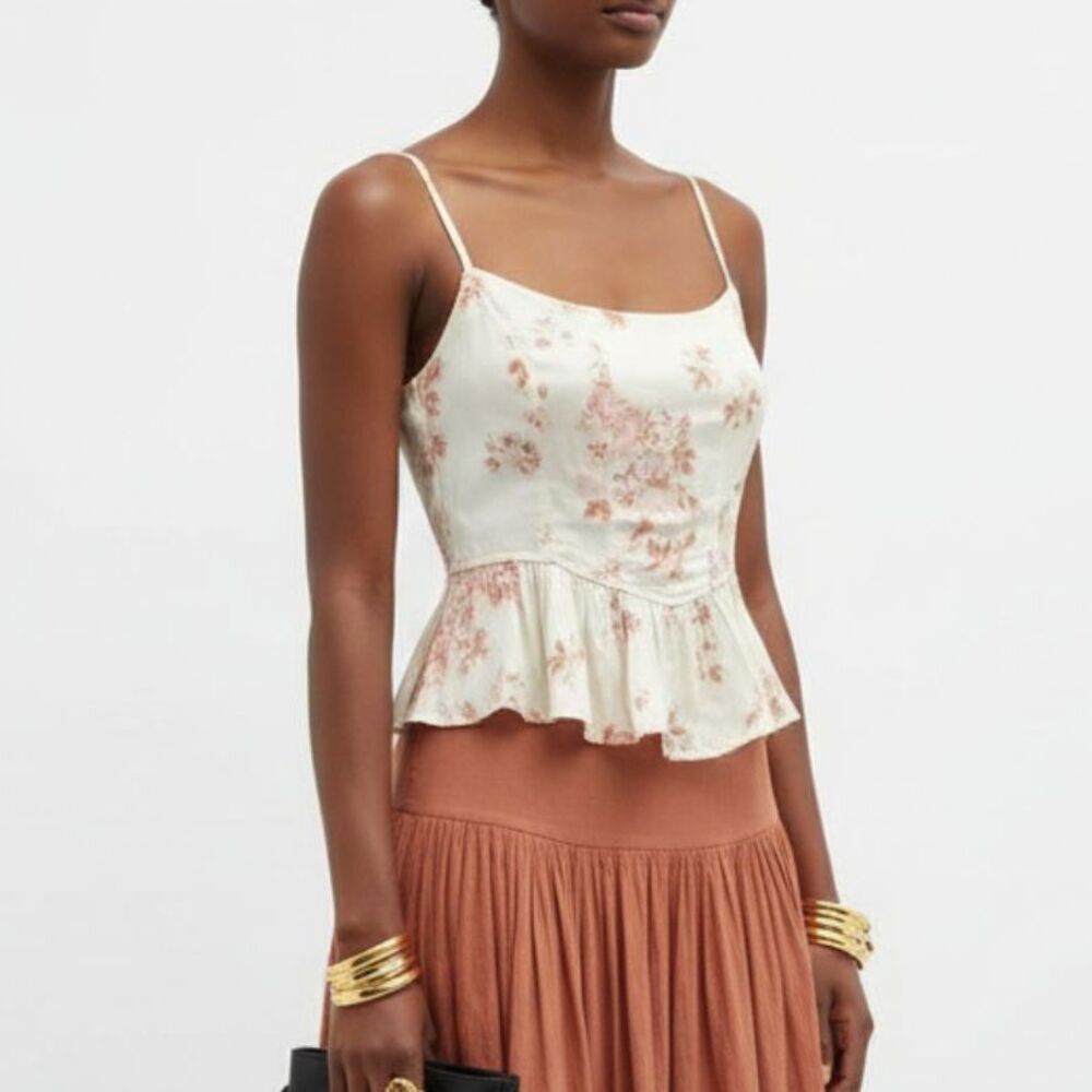 Free People Ivory Floral Print Sleeveless Cropped Corset Peplum Boho Top XS